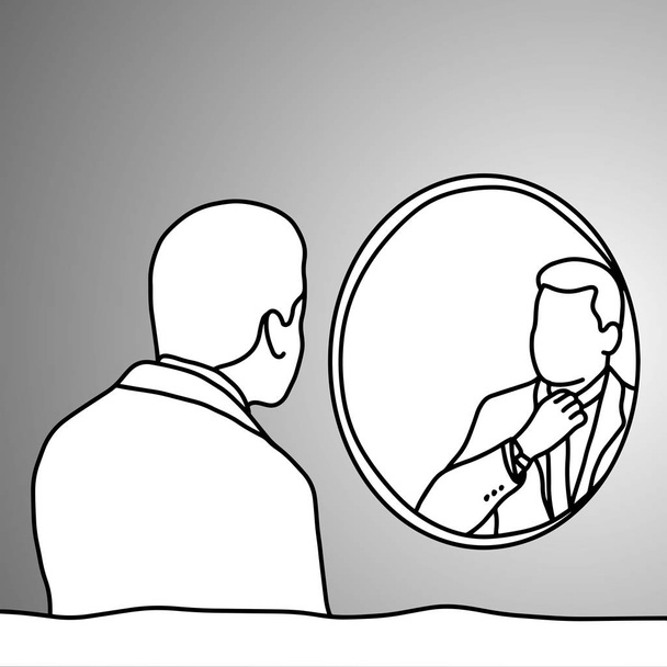 Geschäftsmann Blick auf Spiegel im Badezimmer Vektor Illustration Doodle Skizze Hand gezeichnet mit schwarzen Linien isoliert auf grauem Hintergrund. Geschäftskonzept.  - Vektor, Bild