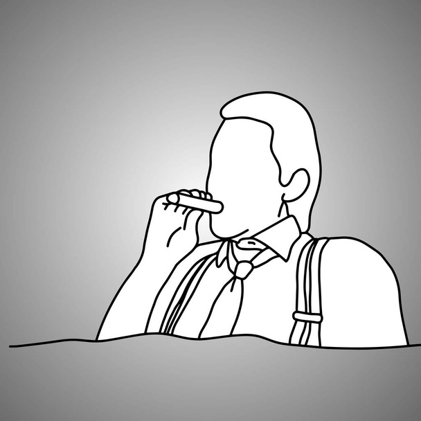 Zakenman met jarretels of accolades roken sigaar vector illustratie doodle schets hand getekend met zwarte lijnen geïsoleerd op een grijze achtergrond.  - Vector, afbeelding