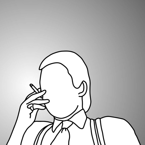 サスペンダーまたは中かっこの喫煙タバコ ベクトル イラスト落書きスケッチ手灰色の背景に分離された黒の線で描くとクローズ アップの実業家. - ベクター画像