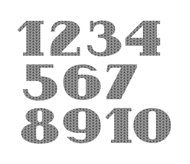 Numbers, knitted font, gray, vector.  Figures with serifs. Vector font. Imitation knitted grey fabric. - Vetor, Imagem