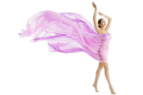Woman Body Beauty, Model Dressed in Silk Pink Flying Fabric Fluttering on Wind - Foto, afbeelding