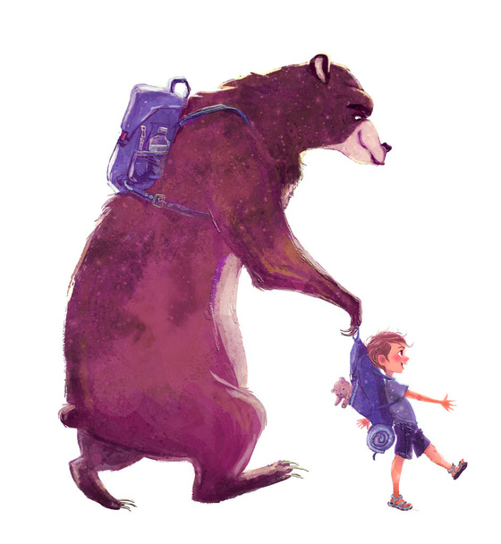 akvarelu medvěd s malým chlapcem - Fotografie, Obrázek