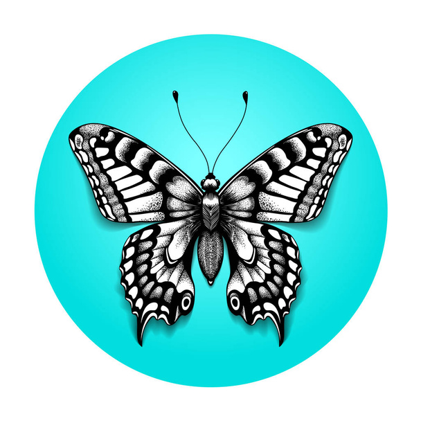 Tatouage beau papillon pour votre épaule. Papillon réaliste en cercle bleu. Tatouage noir et blanc
. - Vecteur, image