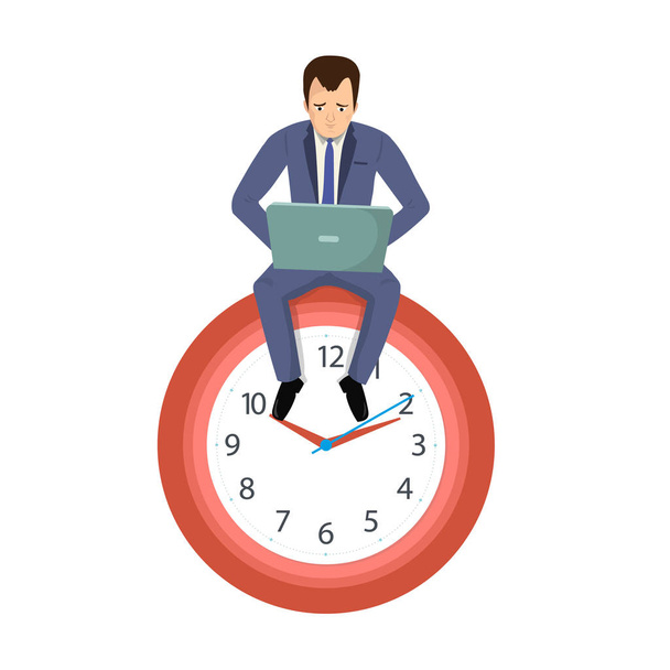 Ouvrier de bureau homme d'affaires assis sur une horloge, rêve de perdre du temps
. - Vecteur, image