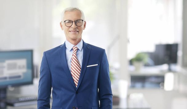 Smiling senior financial advisor businessman wearing suit and eyewear while standing at the office and looking at camera. - Foto, Imagem