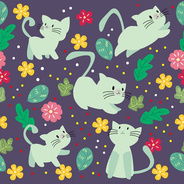 Cute Cat seamless pattern with flower on colorful background Vector illustration.Cartoon style - Vector, Image