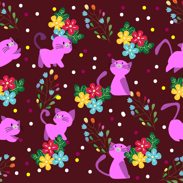 Lindo gato patrón sin costuras con flor sobre fondo colorido Vector illustration.Cartoon estilo
 - Vector, imagen