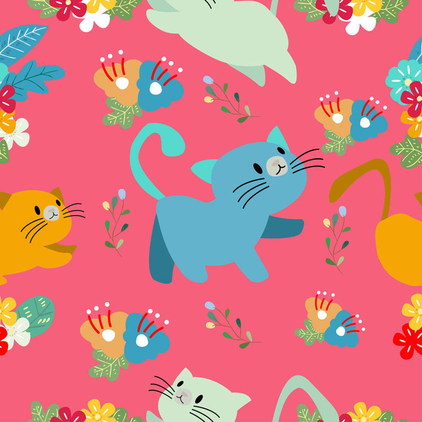 Χαριτωμένο γάτα απρόσκοπτη μοτίβο με λουλούδι σε πολύχρωμο φόντο εικονογράφηση φορέα. Κινούμενα σχέδια στυλ - Διάνυσμα, εικόνα