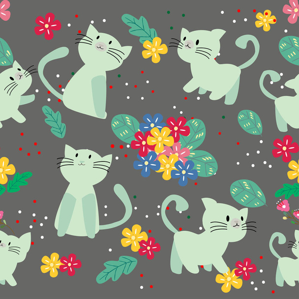 Симпатичный Cat seamless узор с цветком на цветном фоне Vector illustration.Cartoon стиль
 - Вектор,изображение