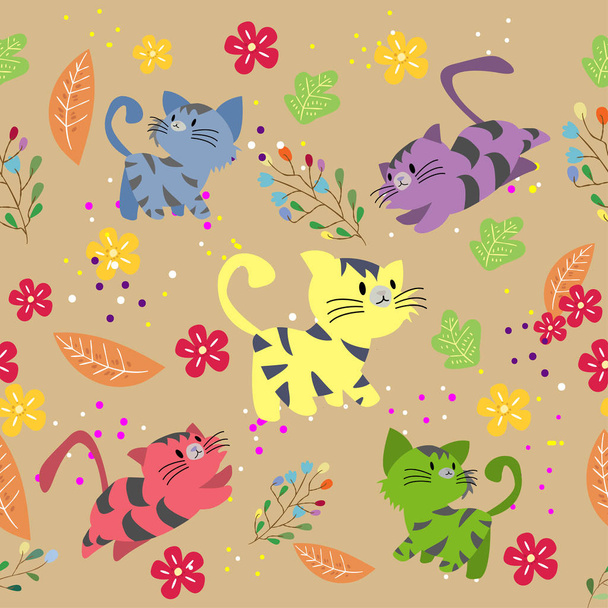 Симпатичный Cat seamless узор с цветком на цветном фоне Vector illustration.Cartoon стиль
 - Вектор,изображение