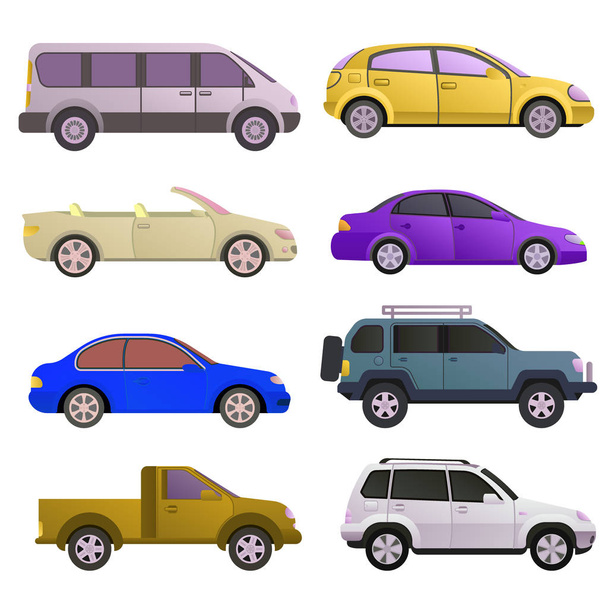 Araba otomatik araç taşıma türü tasarım seyahat yarış modeli teknoloji stil ve genel otomobil çağdaş çocuk oyuncak düz vektör çizim. - Vektör, Görsel