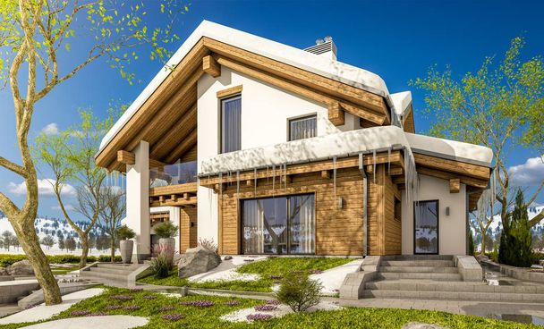3d rendering of spring modern cozy house in chalet style  - Foto, afbeelding
