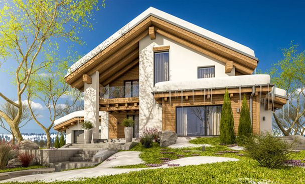 dağ evi tarzı bahar modern rahat evde 3D render  - Fotoğraf, Görsel