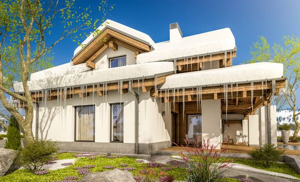 3D vykreslování jara moderní útulný dům ve stylu horské chaty  - Fotografie, Obrázek