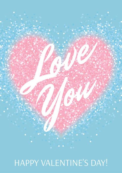 Greeting card with pastel pink glitter heart and text on blue background. - Vettoriali, immagini