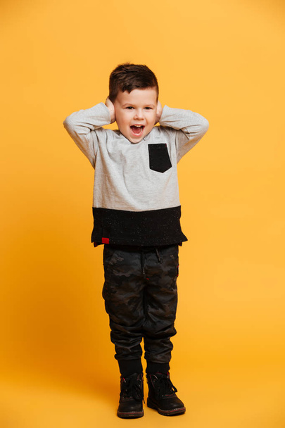 Screaming little boy child covering ears with hands. - 写真・画像