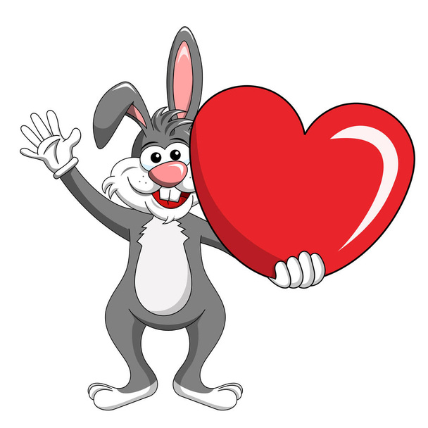 Büyük kalp Isola tutan komik karakter veya maskotu tavşan çizgi film - Vektör, Görsel