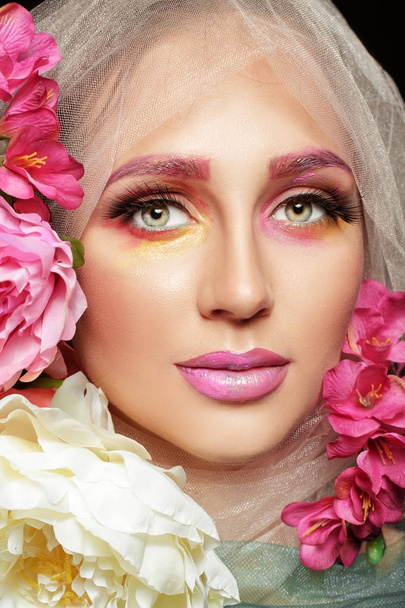 woman with flower make up - Photo, image