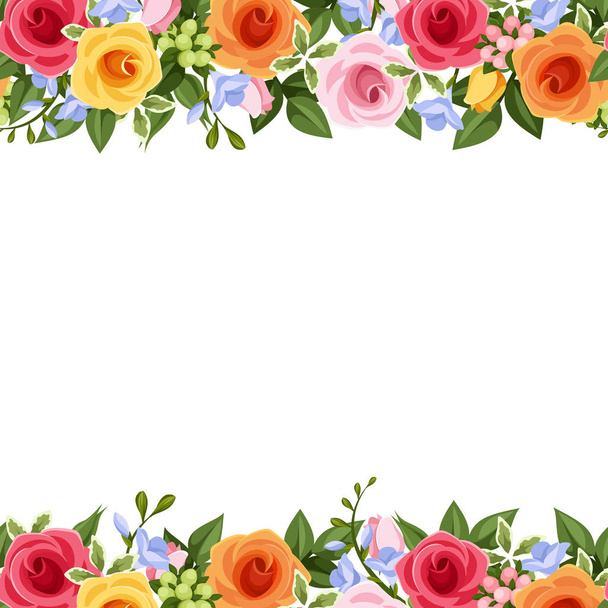 Vector horizontal seamless background with red, pink, orange and yellow roses, blue freesia flowers and green leaves on a white background. - Vector, afbeelding
