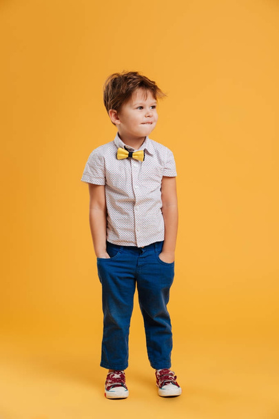 Concentrated little boy child standing isolated - 写真・画像