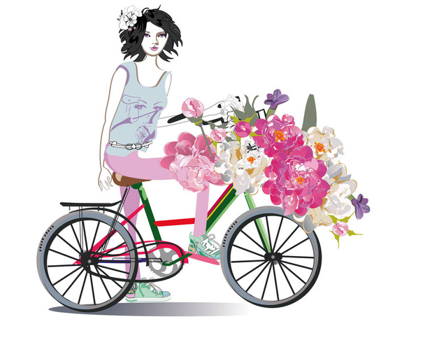 Divat lány a kerékpár virágok. - Vektor, kép