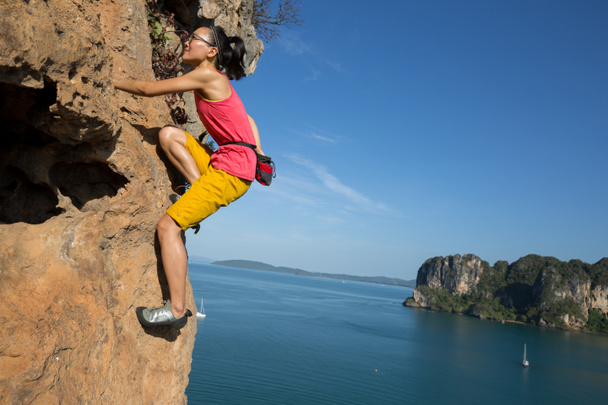 vrouwelijke rock klimmer klimmen op een klif aan zee - Foto, afbeelding
