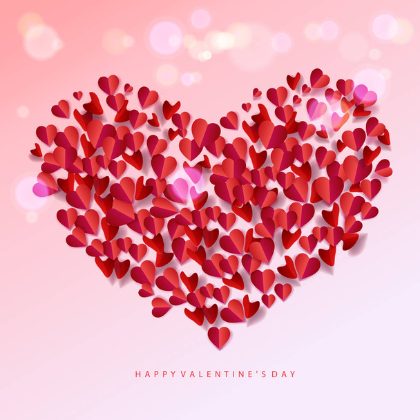 Happy Valentines Day romance background with heart shapes, blurred confetti rose petals, red and pink color, transparent bokeh lights effect background, hearts cut paper art, origami vector decoration, greeting card, anniversary, love day, celebrate - Vector, Image