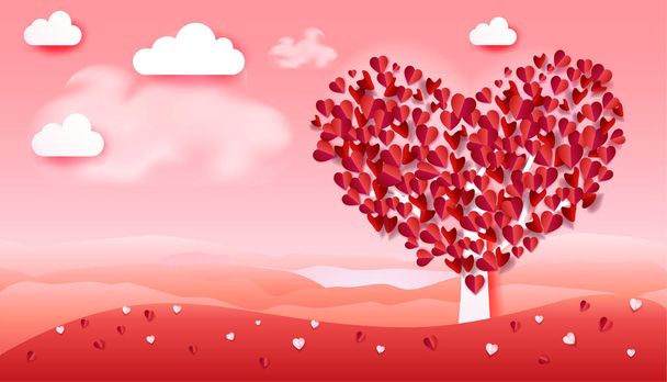 Szczęśliwy dzień Valentines pozdrowienia plakat "Drzewo miłości" krajobrazu romans kształt serca, cięcia papieru sztuki. Ilustracja wektorowa, szablon. Niebo, chmury, góry, kwiaty, drzewa, różowy, czerwony kolor tła na dzień kobiet dzień matki Walentynki, rocznicę, - Wektor, obraz