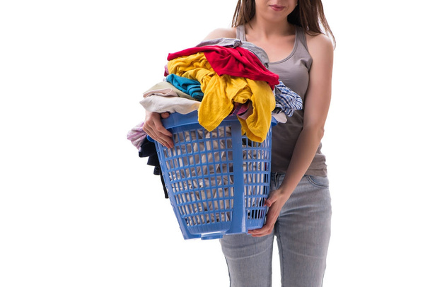 洗濯用の衣類のバスケットを持つ女性 - 写真・画像