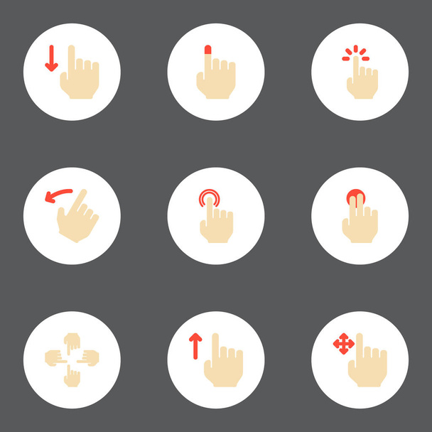 Conjunto de gestos iconos de símbolos de estilo plano con hacia atrás, deslizar, multitouch y otros iconos para el diseño del logotipo de su aplicación móvil web
. - Foto, Imagen
