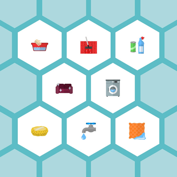 Conjunto de ícones de limpeza símbolos de estilo plano com água da torneira, detergente, máquina de lavar roupa e outros ícones para o design do logotipo do aplicativo móvel da web
. - Foto, Imagem