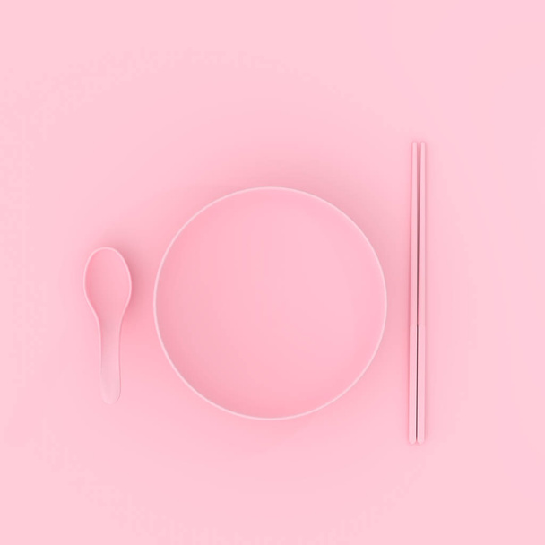 μπολ με το κουτάλι και chopsticks ροζ ελάχιστη έννοια - Φωτογραφία, εικόνα