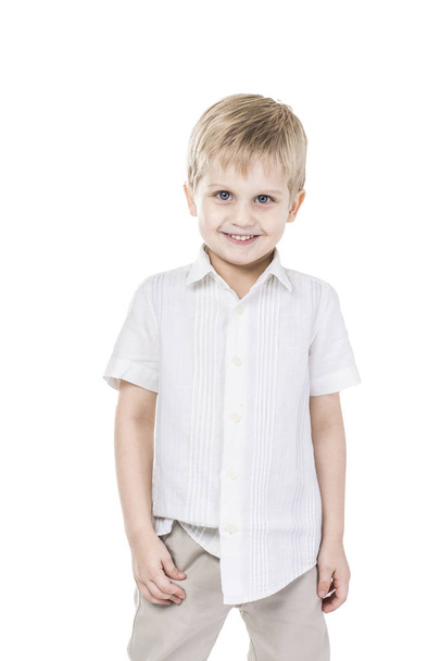 portrait of a happy five year old boy on white background - 写真・画像