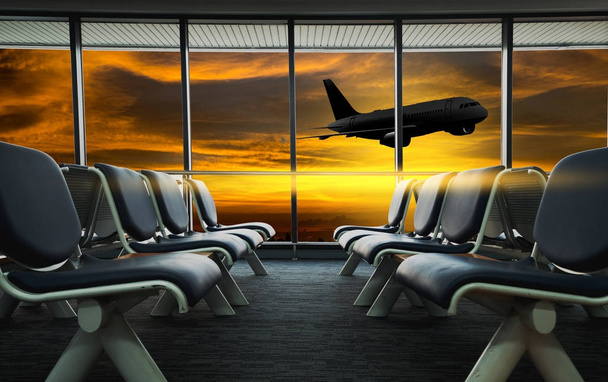 Порожній термінал аеропорту зона очікування зі стільцями вітальня з сидінням
 - Фото, зображення