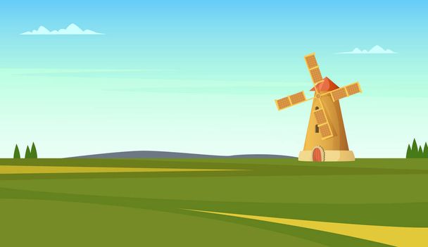 Paisaje rural de verano con molino de viento. Ilustración de vista agrícola natural
 - Vector, imagen
