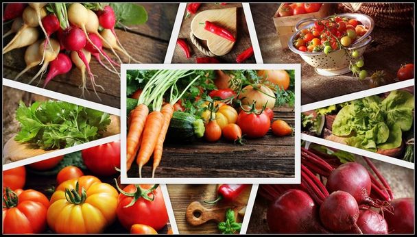Κολάζ με λαχανικά - προϊόντα από το λαχανόκηπο. Υγιείς διατροφικές έννοια. Κηπουρική φόντο - Φωτογραφία, εικόνα