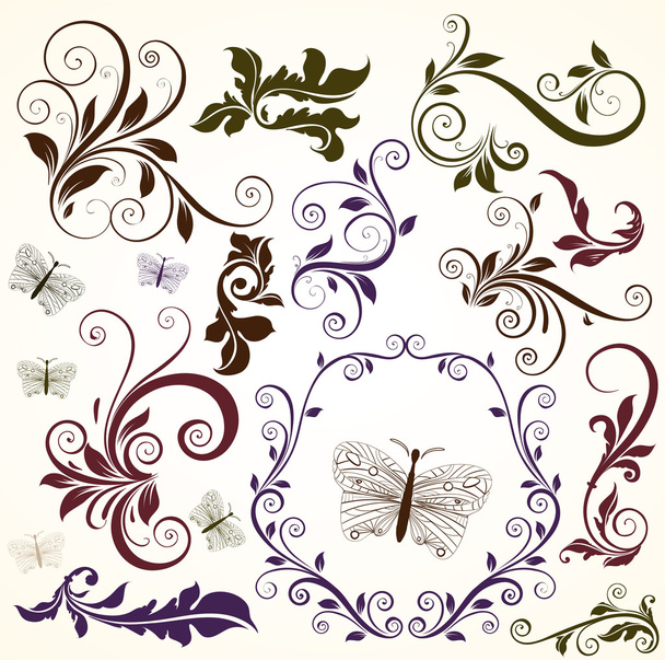 Vintage colorful design elements set for retro design. With leafs and flowers. - Wektor, obraz