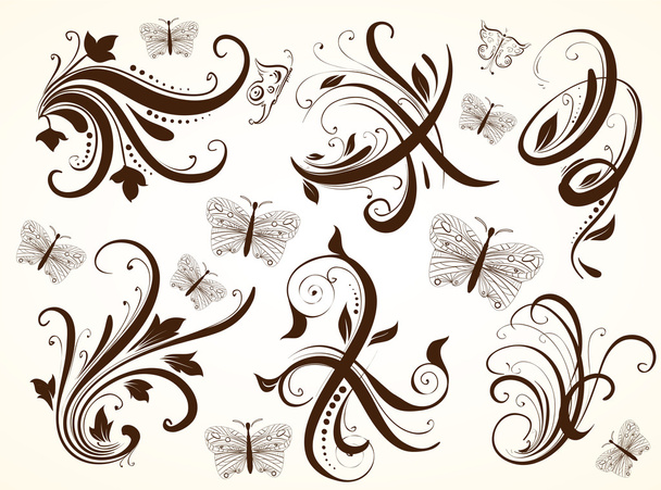 Vintage colorful design elements set for retro design. With leafs and flowers. - Vector, Image