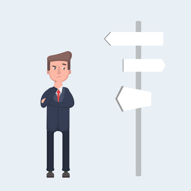 Businessman standing and confused by direction signs. Choices and decision concept. - Vector, Image