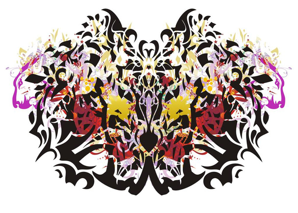Tatuagem de borboleta colorida. Asas de borboleta abstratas contra o fundo de corações vermelhos, salpicos dourados e as cabeças do leão
 - Vetor, Imagem