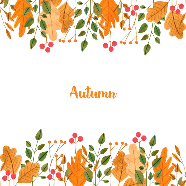 Aquarelle simple automne feuilles et branches modèle de carte, peint à la main sur un fond blanc
 - Photo, image