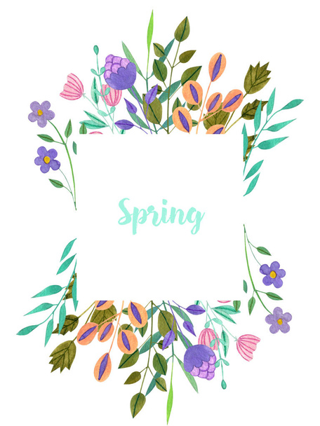 Акварель прості весняні та літні фіолетові квіти та зелені гілки рамки, рука пофарбована на білому тлі
 - Фото, зображення
