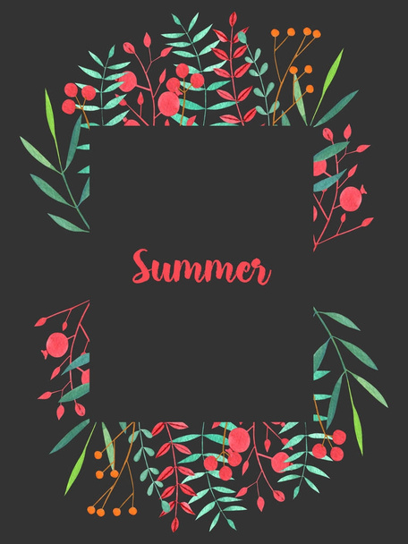Акварель простая красная и зеленая ветви и ягоды цветочные рамки, ручная роспись на темном фоне
 - Фото, изображение