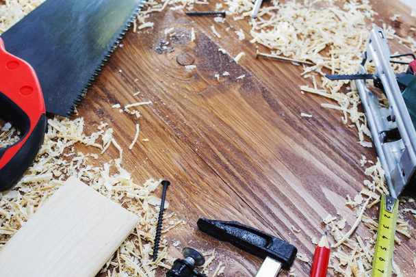 working tool carpenter ruler, chisel, pencil, sawdust and shavings. - Photo, Image