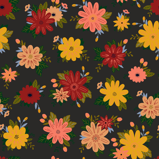 Vector Pattern in Doodle Style with Flowers and Leaves. - ベクター画像