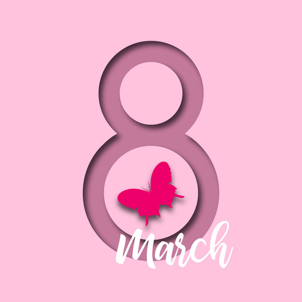 8 March. International Womens Day poster. Realistic Hanging number 8 with butterfly shadow and text - Vector, Image