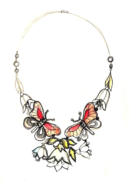 watercolor jewelry illustration, necklace fashion sketch, Jewelry Design butterfly vintage necklace. Hand drawing and painting on paper. - Photo, Image