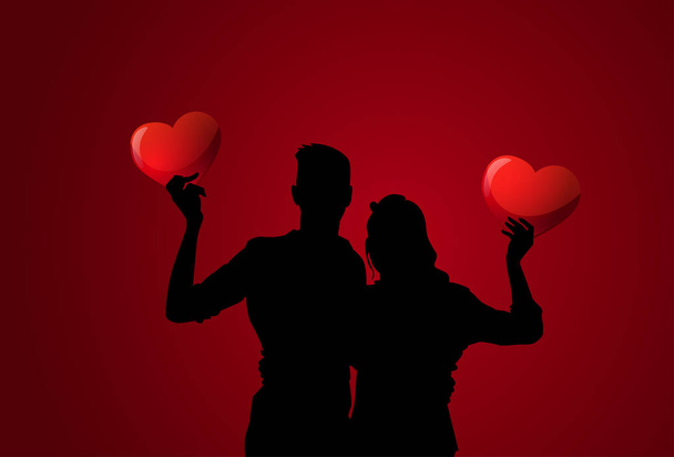 Silhouette Couple Holding Red Heart Shapes Valentines Day Background - Διάνυσμα, εικόνα
