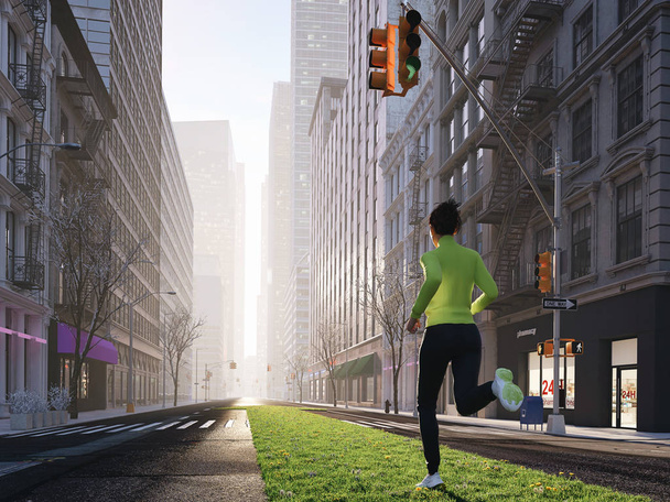 young woman jogging alone in the streets of city on a green strip. 3d rendering - Valokuva, kuva