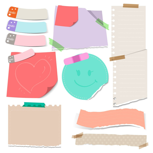 Conjunto de papeles de nota rasgados de colores con adhesivo sobre fondo blanco para el diseño empresarial por ilustración vectorial
 - Vector, imagen